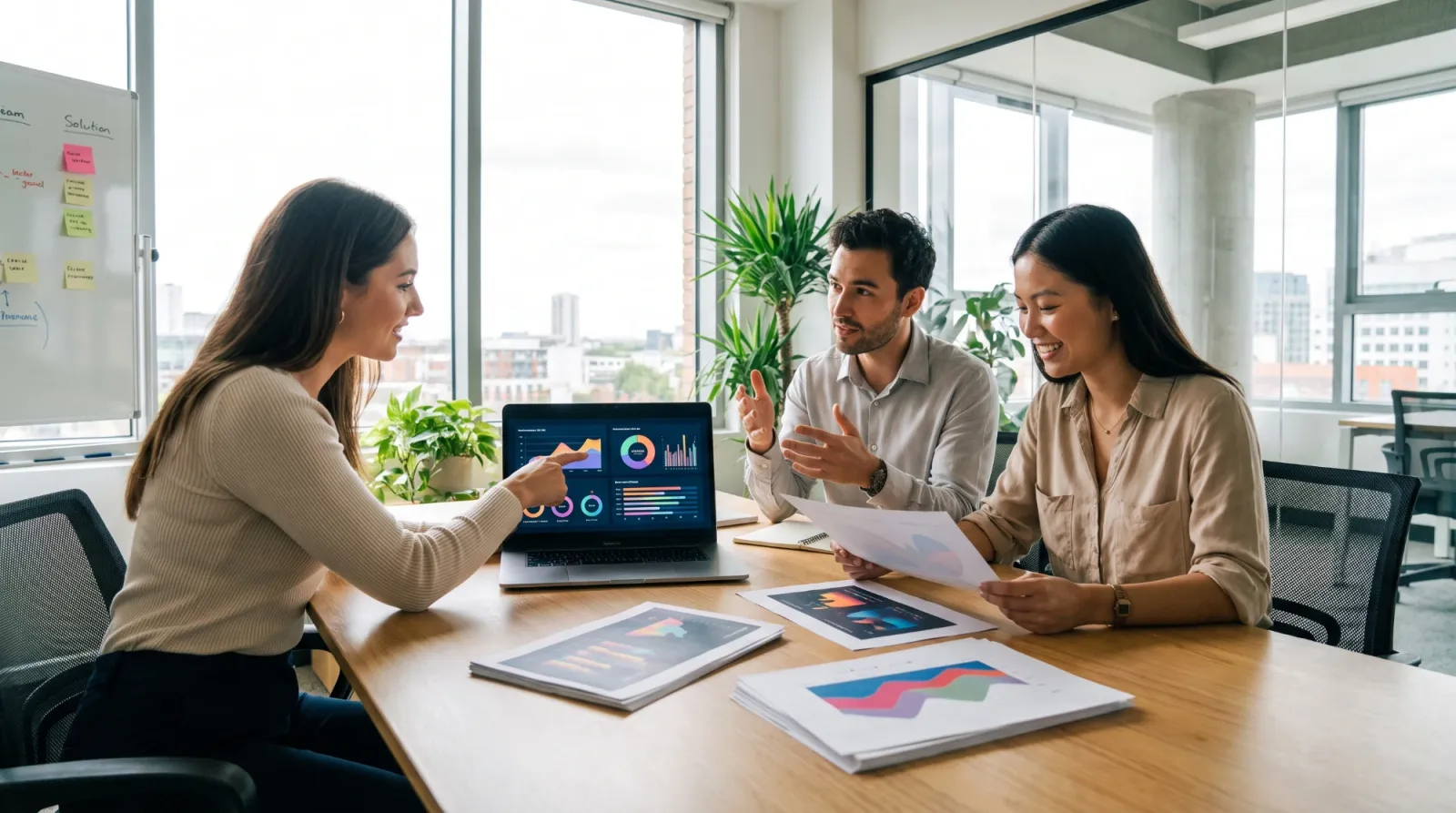 A team reviewing event performance charts in a meeting room