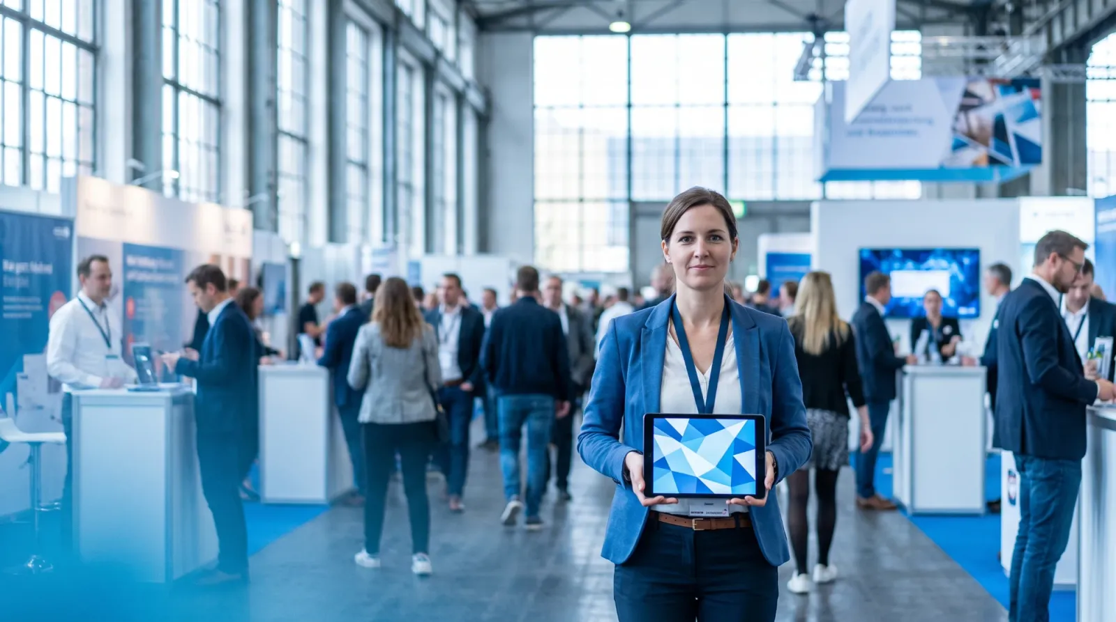 An organizer checking live data on a tablet in the exhibition hall