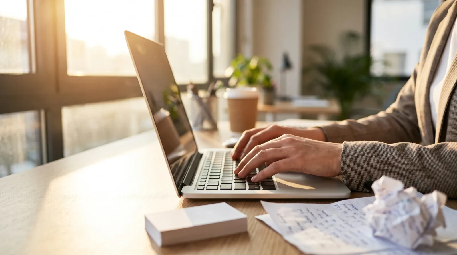 Writing follow-up emails with business cards and notes beside the laptop