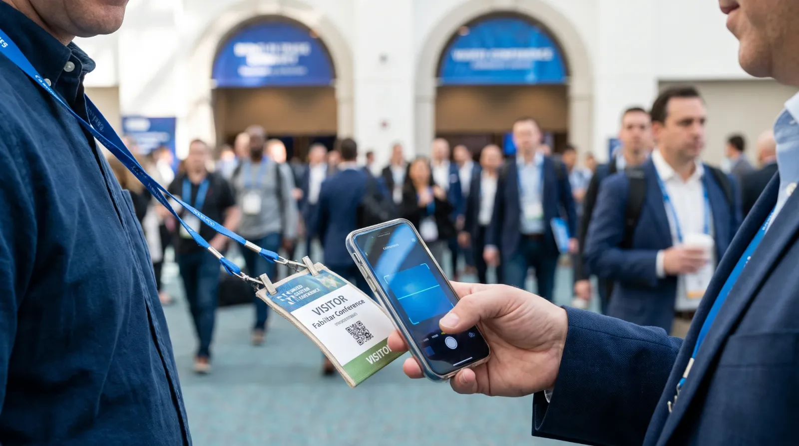 Scanning a visitor badge QR code with a smartphone at a trade show