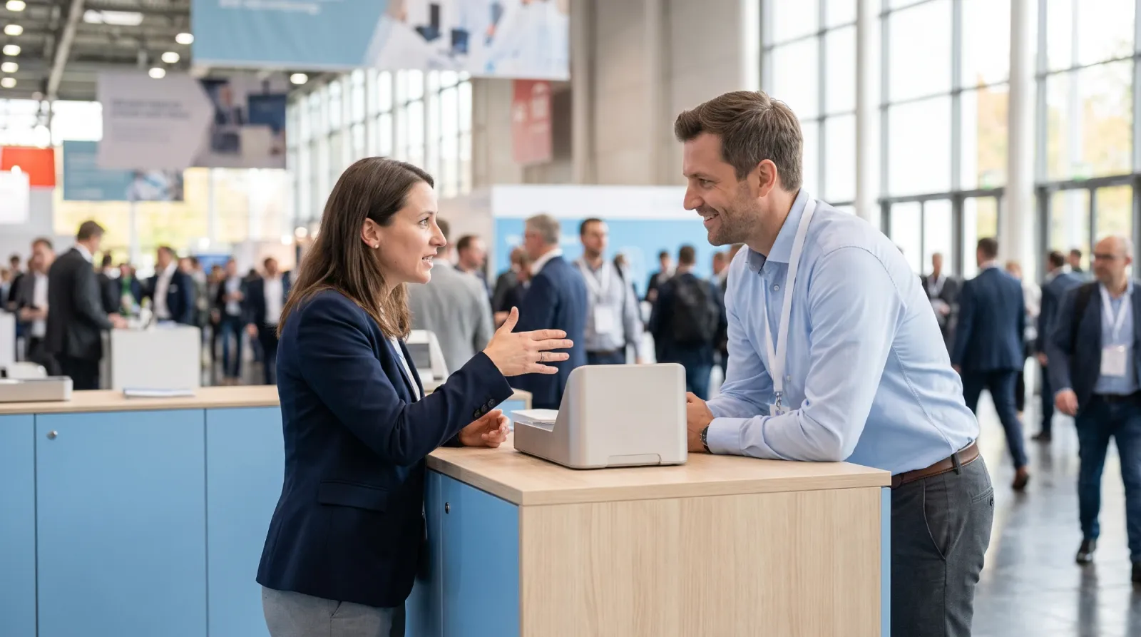 Two people in a conversation at a booth counter