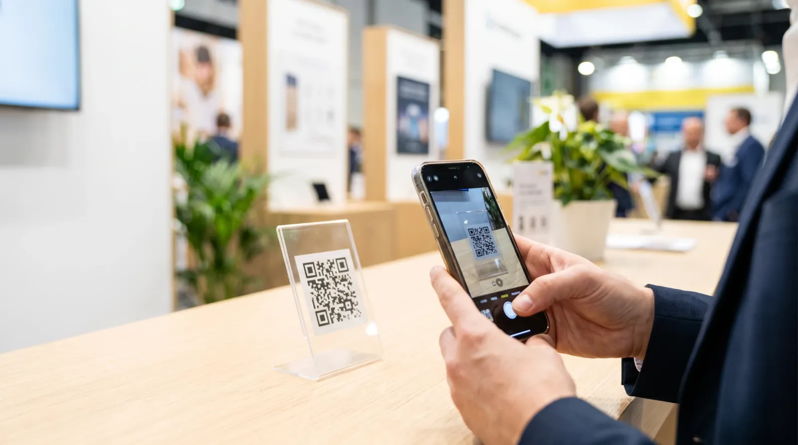 A visitor scanning a QR stand on a booth table with a smartphone