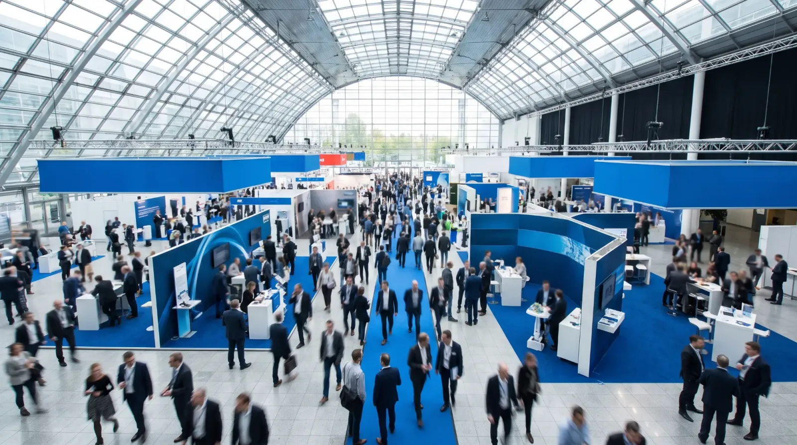 Wide view of an exhibition hall full of booths and visitors