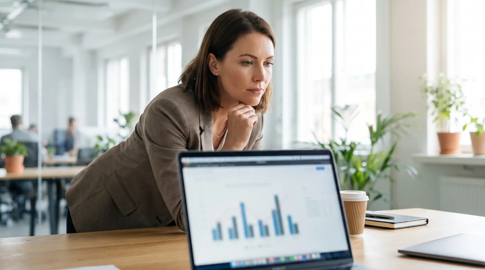An event manager reviewing performance charts in an office