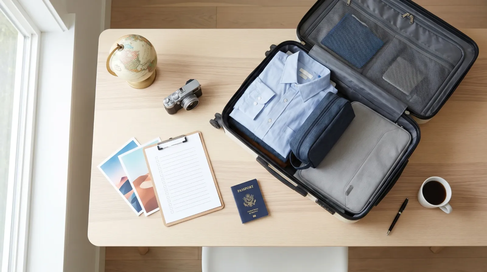 Overseas trip preparation with a suitcase, passport and checklist