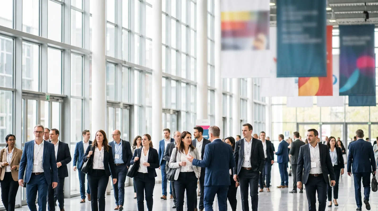 Visitors walking through an international convention center
