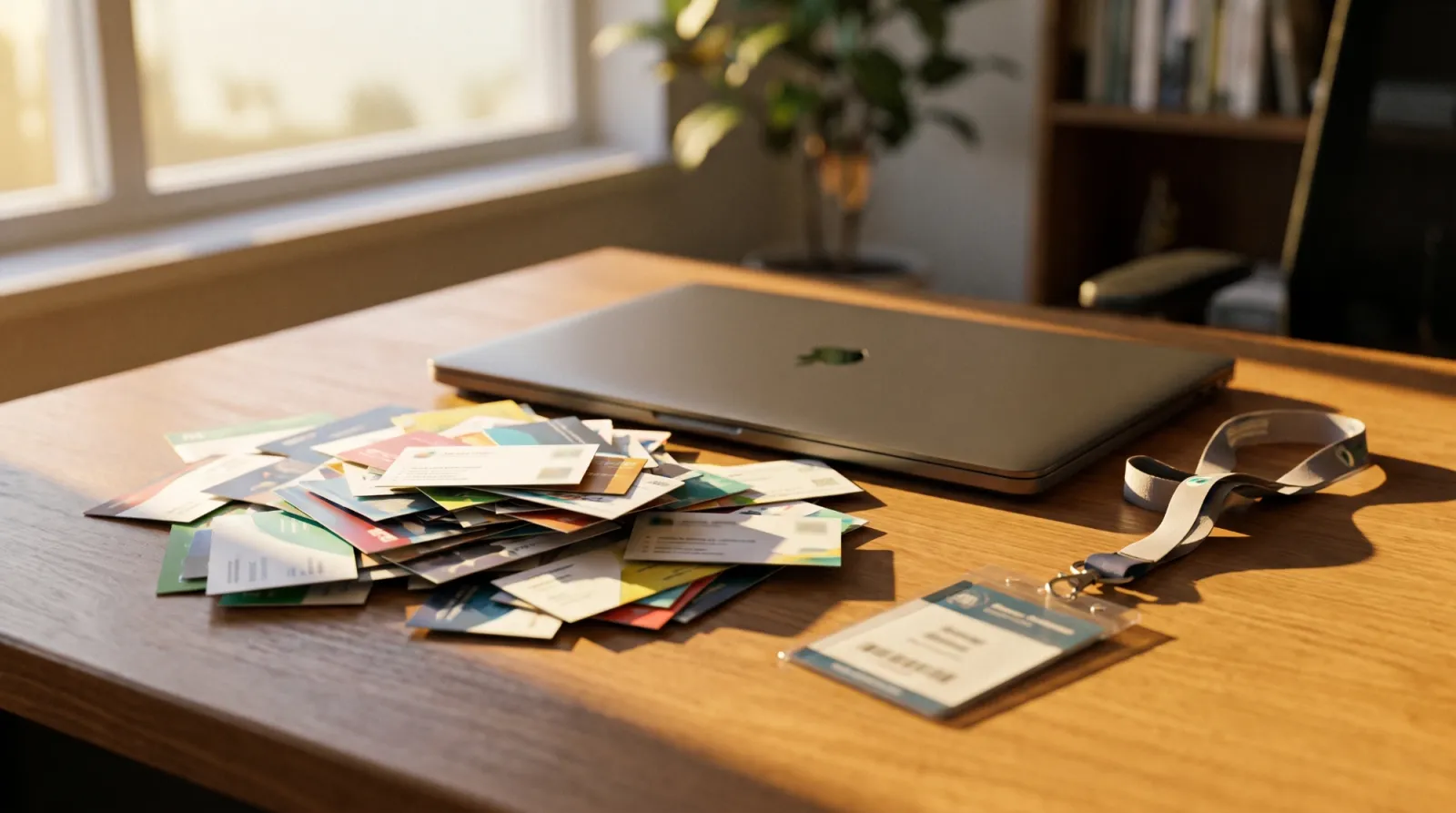 A pile of business cards next to a laptop after a trade show