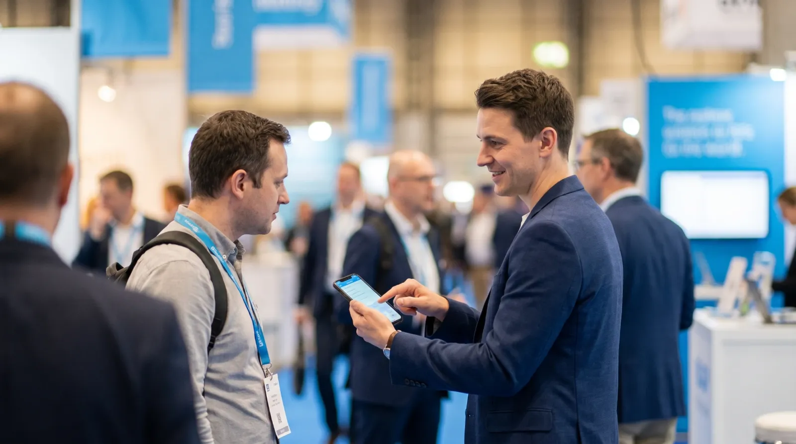 Booth staff recording a conversation on a smartphone