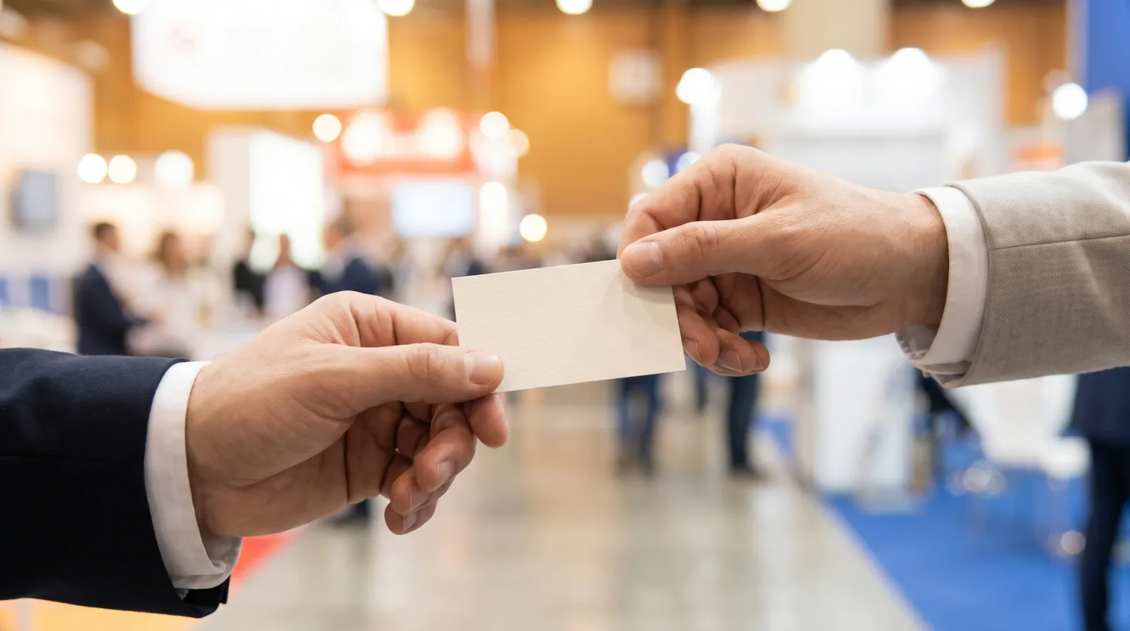 Exchanging a business card at a trade show